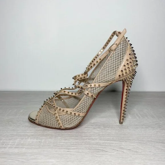 Louboutin Alarc Nude Leather Spiked Heels - Picture 2 of 9